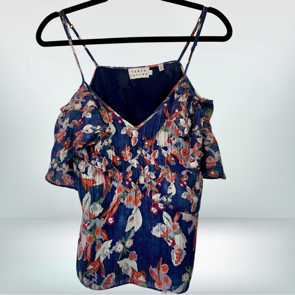 Tanya Taylor Navy Floral Cold-Shoulder Ruffle Silk Blouse, size 2 - Picture 2 of 11